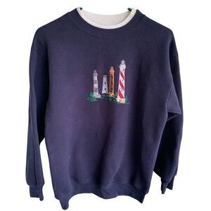 Vintage Crewneck Sweatshirt Navy Lighthouse Embroidered Sweater Adult Size Large